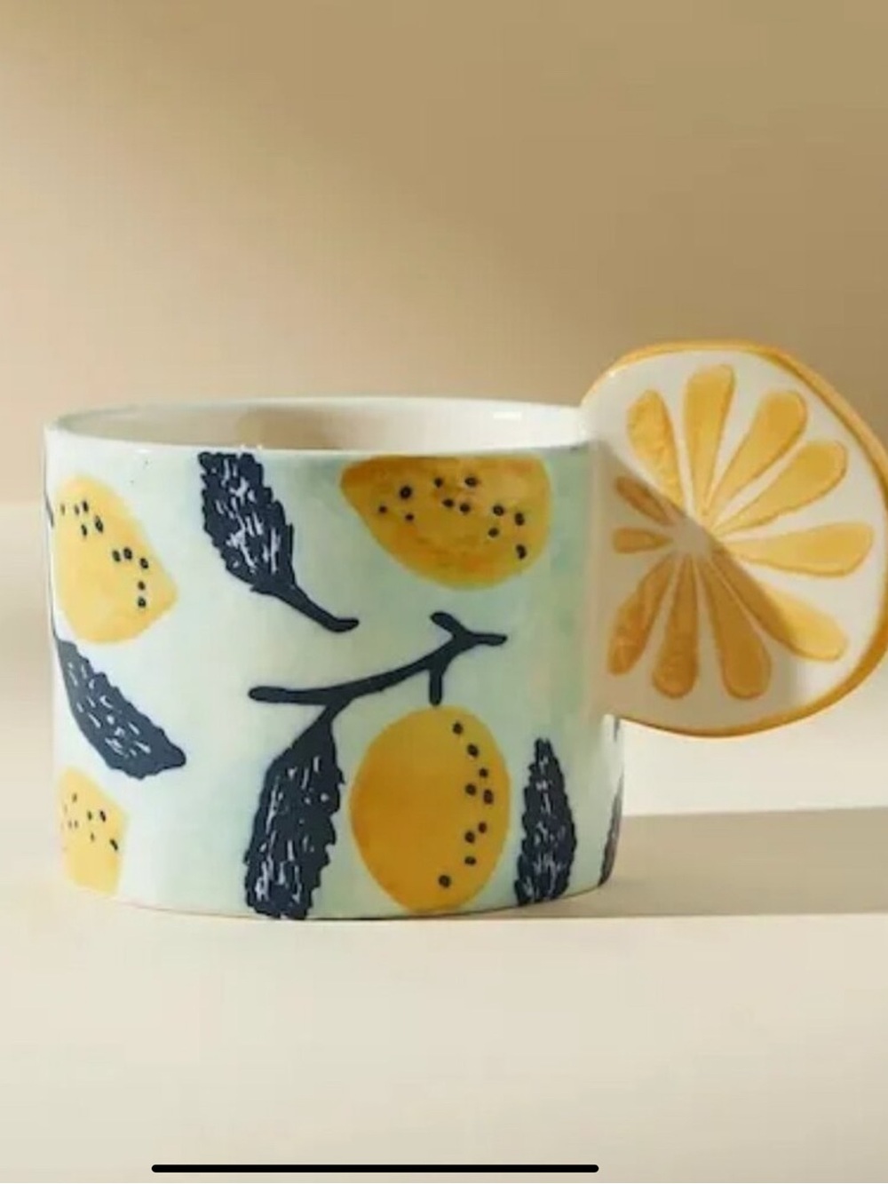 Anthropologie Grove Lemon Mug Teacup w/ Lemon Slice Handle Stoneware